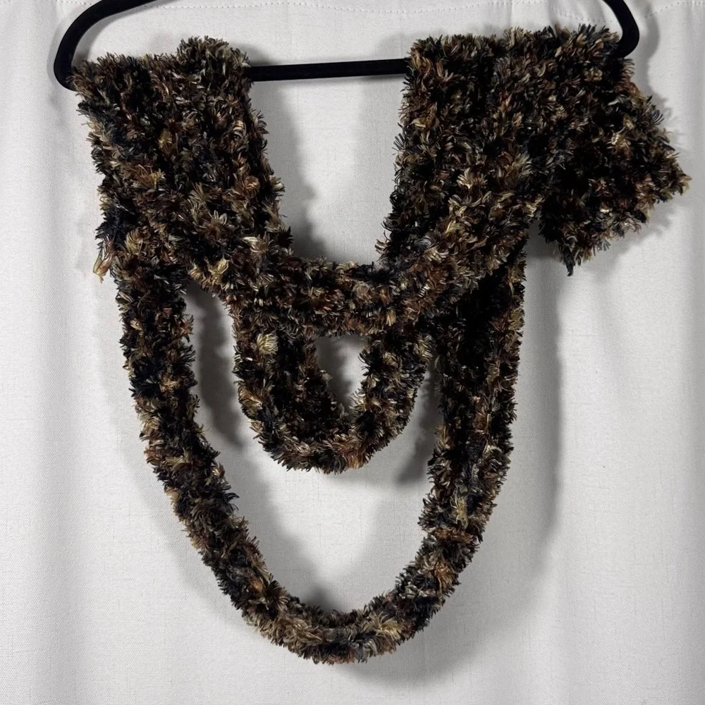 Textured Fuzzy Knit Scarf in Earthy Brown Tones